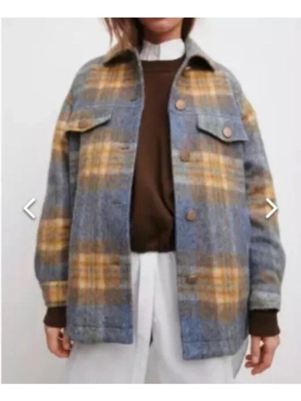 Zara Mix Blue Brown Plaid Shacket Button Long Sleeve Women’s Small Pockets